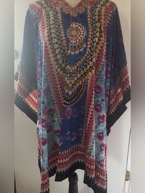 Boho Floral Blue and Pink Caftan Tunic